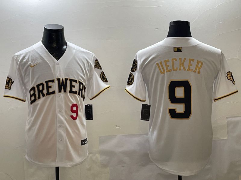 Men Milwaukee Brewers #9 Uecker White Gold Game 2025 Nike MLB Jersey style 2->milwaukee brewers->MLB Jersey